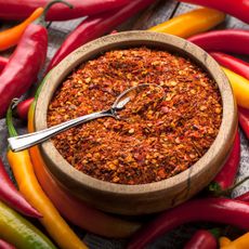 Red pepper flakes in a bowl with a spoon