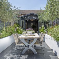 Small patio with raised beds built down either side