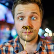 A man stares at a cooked cricket on a stick